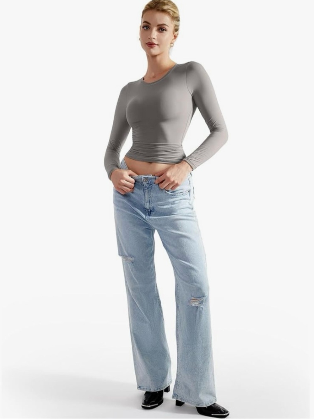 Women’s Grey Long Sleeve Crewneck Top - Spandex and polyester
